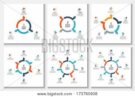 Vector arrows infographic. Template for cycle diagram, graph, presentation and round chart. Business concept with 3, 4, 5, 6, 7 and 8 options, parts, steps or processes. Stroke icons.