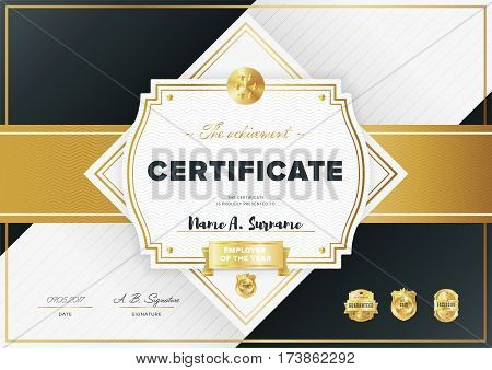 Certificate vector template or diploma design. Graduation, achievement certificate, success layout. Golden certificate design. Modern certificate border or diploma with abstract text. Diploma template vector layout.