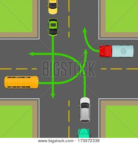 Turn rules on four-way intersection flat vector illustration. Road rule violation on top view diagram. Traffic offences concept. Danger of car accident. Driving theory lesson. For driving courses test