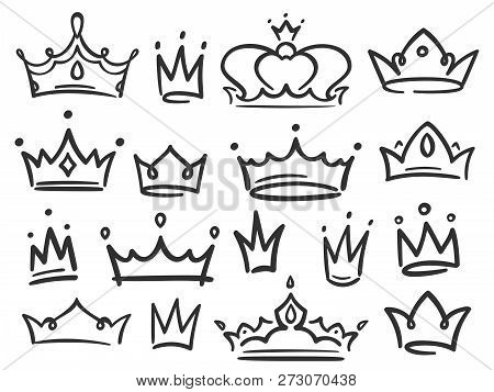 Sketch Crown. Simple Graffiti Crowning, Elegant Queen Or King Crowns Hand Drawn Vector Illustration