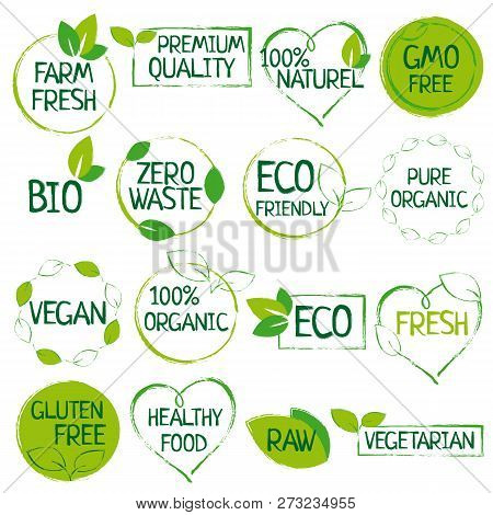 Green Set Of Organic Food, Farm Fresh, Natural Product, Zero Waste Elements, Labels, Logo For Vegan 