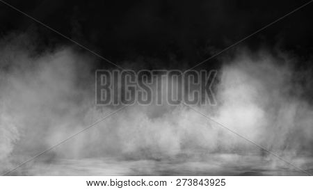 Smoke On Floor . Isolated Black Background . Misty Fog Effect Texture Overlays For Text Or Space