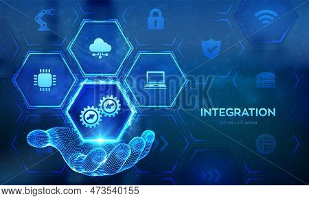 Integration Data System. System Integration Technology Concept In Wireframe Hand. Industrial And Sma