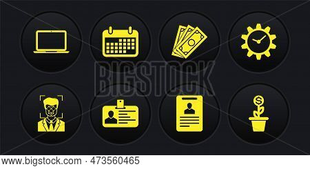 Set Face Recognition, Time Management, Identification Badge, , Stacks Paper Money Cash And Calendar 