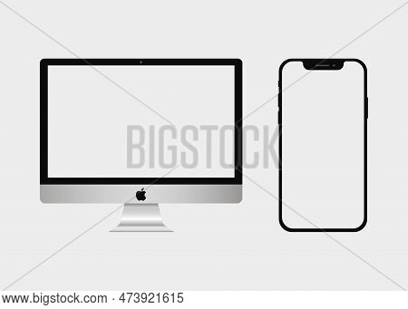 Apple Imac And Iphone. Realistic Modern Monitor, Computer, Smart Phone. Device Mockup. Electronics I