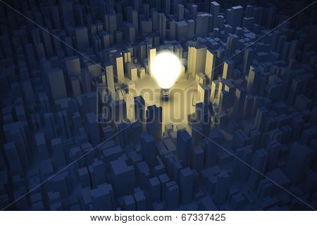 3d image of bright light bulb and city, green energy concept