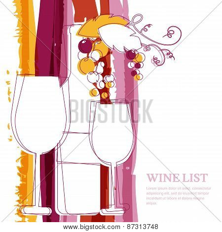 Wine Bottle, Glass, Branch Of Grape And Marsala Stripes Watercolor Background With Place For Text. A