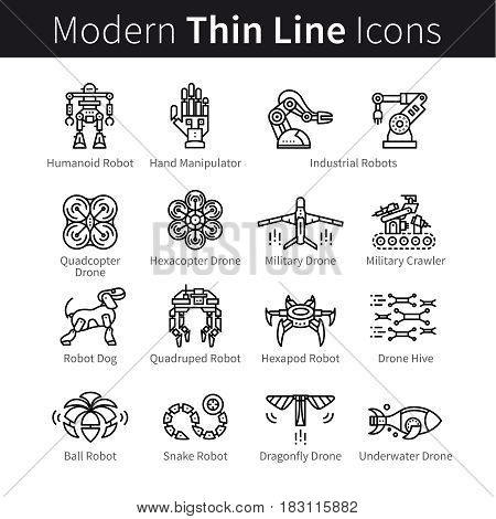 Set of robotics. Civilian, industrial and military robots, drones and quadcopter. Modern thin line art icons. Linear style illustrations isolated on white.