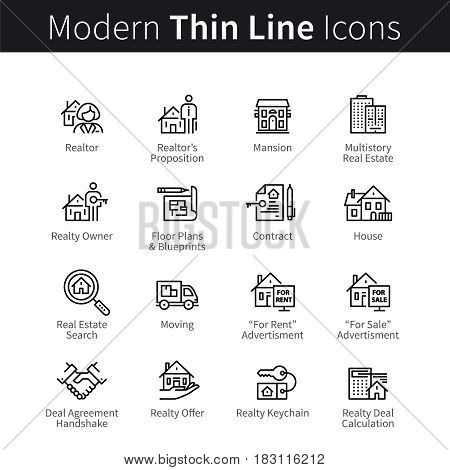 Real estate realtor deals full icon set. For sale and rent signs. House floor plans, keychain, realty calculator and more. thin black line art. Linear style illustrations isolated on white.