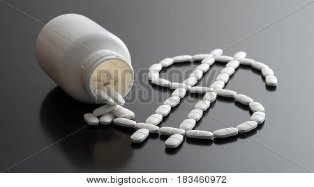 Medical business or prices concept. Making money in pharmaceutical industry or high medical expenses. Also drug dealing, dealer or trade. Dollar sign written with pills spilled from a medicine bottle.