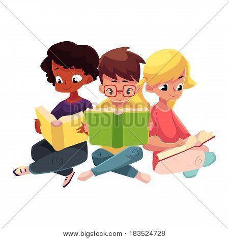 Three children, boys and girls, reading interesting book sitting with crossed legs, cartoon vector illustration isolated on white background. Kids, boys and girls, Caucasian and black, reading books