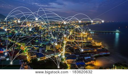 city scape and network connection concept / Network and Connection technology concept with city background