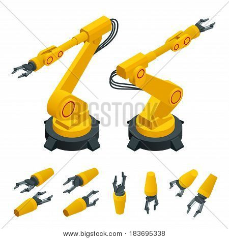 Isometric robotic arm, hand, industrial robot flat vector icons set. Robotics Industry Insights. Automotive and electronics are top industry sectors for robotics use. Flat 3d vector illustration.