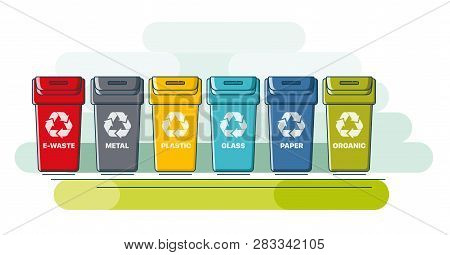 Recycle Bins. Colorful Recycle Plastic Bins. Collection Of Colorful Separation Recycle Bins. Contain