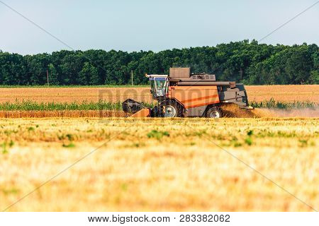 Krasnodar Region, Russia - July 6, 2016: Combine Harvester Harvesting In The Field Reaping Crop At S