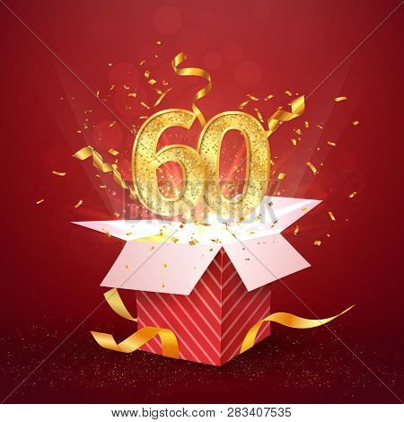 60 Th Years Number Anniversary And Open Gift Box With Explosions Confetti Isolated Design Element. T