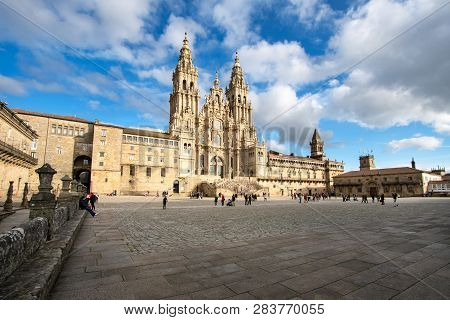 Santiago De Compostela, Spain. February 10 2019: Santiago De Compostela Cathedral View From Obradoir