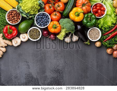 Healthy Eating Ingredients: Fresh Vegetables, Fruits And Superfood. Nutrition, Diet, Vegan Food Conc