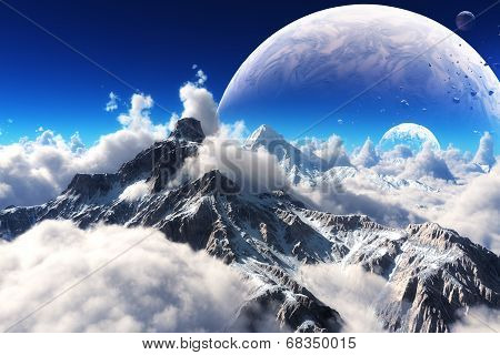 Celestial view of snow capped mountains and an alien planet.