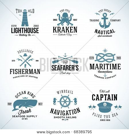 Set of Vintage Nautical Labels and Signs With Retro Typography Anchors Steering Wheel Knots Seagulls