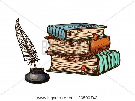 Old books stack and feather quill pen in inkwell. Vector isolated sketch symbols of retro or antique writing stationery of brown rough book with bookmark or manuscript for poetry work