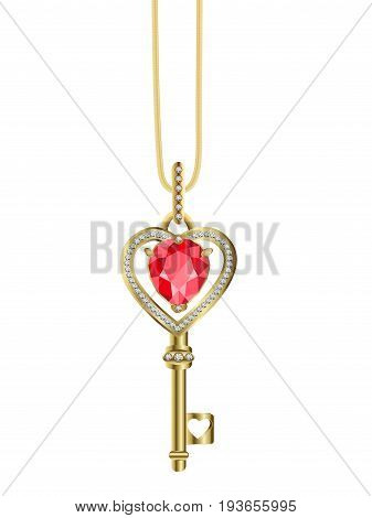 Necklace gold key picklock from heart with ruby ​​and diamonds on white background