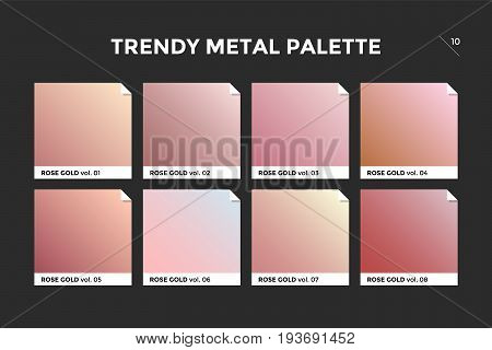 Rose gold gradient template. Collection palette of pink gold metallic gradient swatches with gloss for backgrounds, textures. Realistic rose gold metallic palettes, vector icons. Vector Illustration