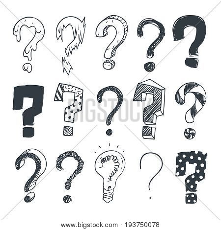 Doodle question marks. Hand drawn interrogation query symbols vector set. Mark sketch question collection illustration