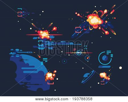 Battle star space. Fantasy science futuristic, spaceship alien, cosmic war with sci-fi, vector illustration