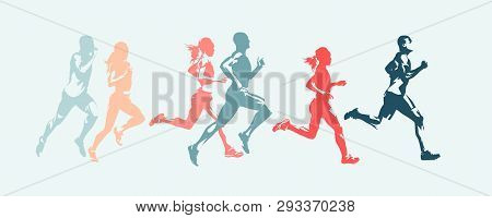 Marathon Run. Group Of Running People, Men And Women. Isolated Vector Silhouettes