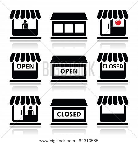 Shop or store, supermarket vector icons set