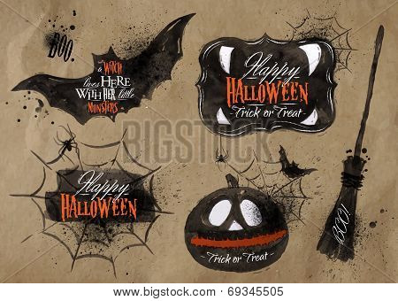 Halloween set symbols lettering kraft