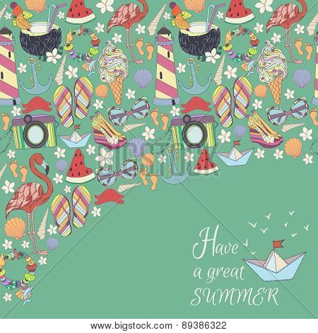 Vector summer pattern. Pattern, set of different  travel, romantic things, summer, vacation holiday,