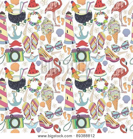 Vector seamless pattern. Pattern, set of different  travel, romantic things, summer, vacation holida