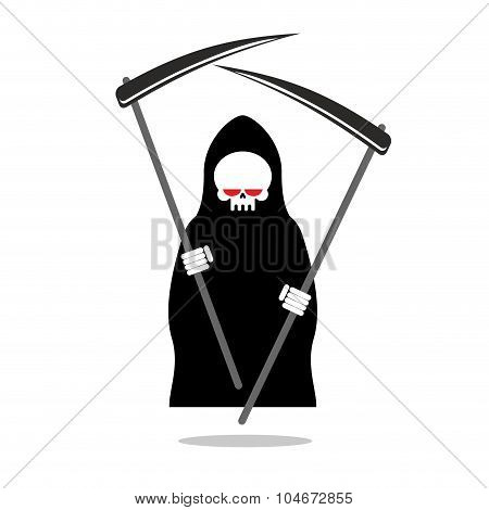 Death With Two Scythe. Ferocious Grim Reaper With Red Eyes. Skeleton In Hood Black Cloak. Illustrati