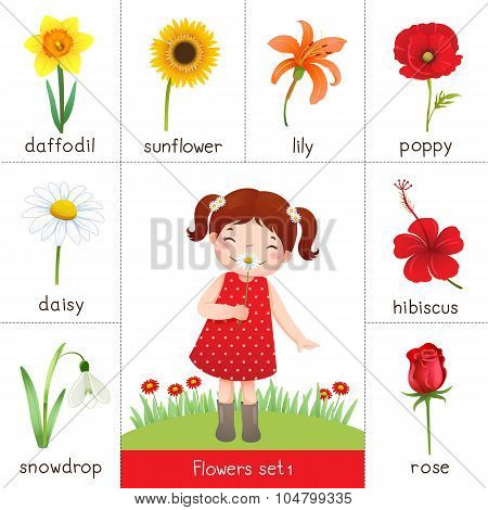 Printable flash card for flowers and little girl smelling flower