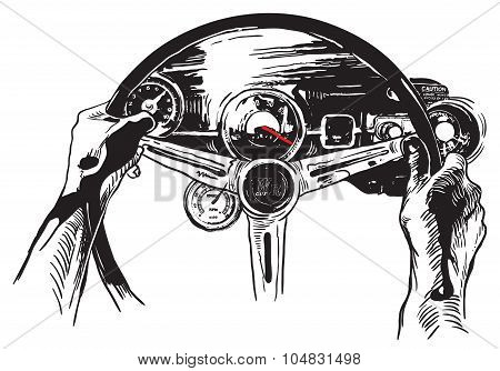 Vanishing Point, Freehand Sketching, Vector - Muscle Car Interior