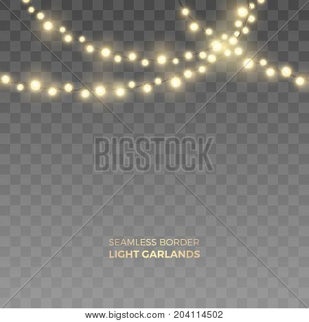 Vector seamless horizontal border of realistic yellow light garlands. Festive decoration with shiny Christmas lights. Glowing bulbs of the different sizes isolated on the transparent background.