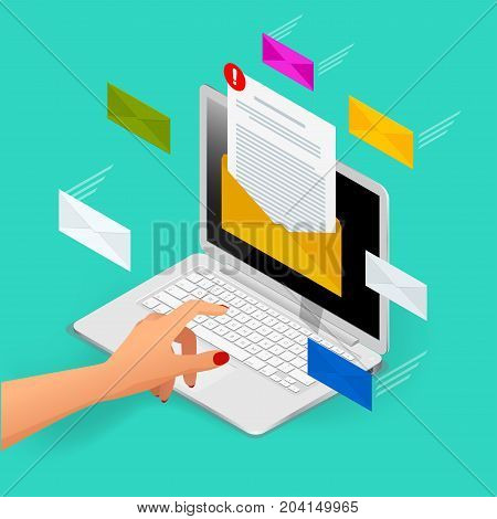 Incoming email isometric vector concept. Receiving messages. Laptop with envelope and document on a screen. Email, email marketing, internet advertising concepts