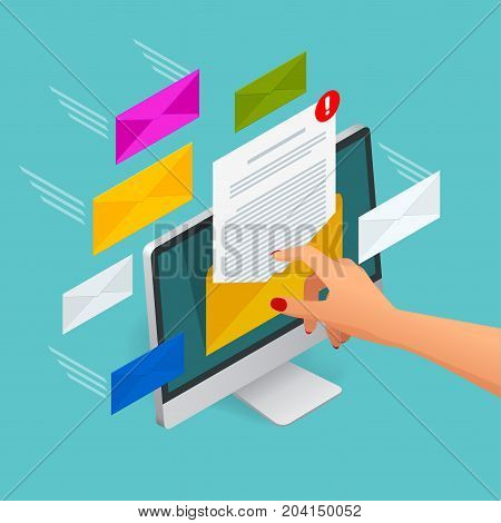 Incoming email isometric vector concept. Receiving messages. Laptop with envelope and document on a screen. Email, email marketing, internet advertising concepts