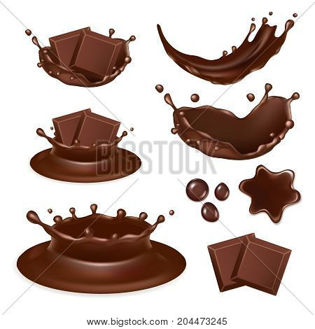 Vector set of chocolate form icons isolated on white background. Tasty pieces of chocolate bar, molten chocolate, liquid chocolate splashes and drops.