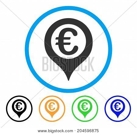 Euro Geotargeting icon. Vector illustration style is a flat iconic euro geotargeting gray rounded symbol inside light blue circle with black, green, blue, yellow color versions.