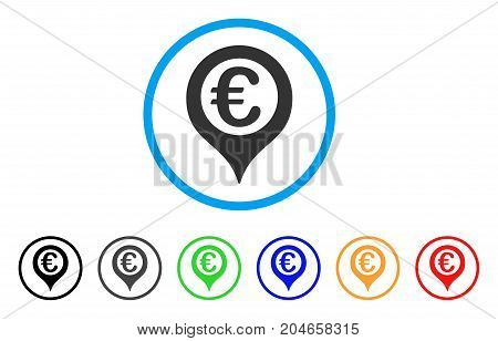 Euro Geotargeting rounded icon. Style is a flat euro geotargeting gray symbol inside light blue circle with black, gray, green, blue, red, orange color versions.