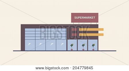 Supermarket, shopping mall or big box store built in contemporary architectural style. Modern building with large windows. Commercial property for retail or real estate. Flat vector illustration