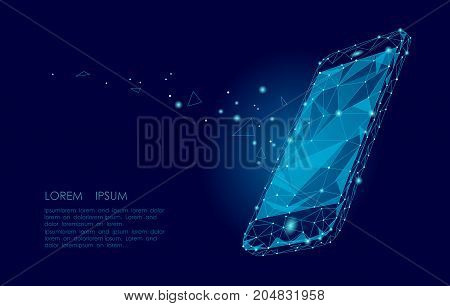 Low poly smartphone mobile touch screen display. Triangle polygonal geometric design connected dots starry sky. Modern futuristic banner template design. Vector illustration background art