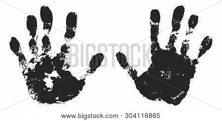 Hand Print Set Isolated On White Background. Black Paint Human Hands. Silhouette Child, Kid, Young P