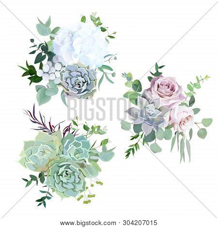 Echeveria Blue, Grey, Mint Succulents, White Hydrangea, Pale Pink And Lavender Rose, Greenery And Eu