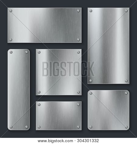 Metal Plates. Steel Plate, Stainless Panel Chrome Tag With Screws. Industrial Technology Metallic Bl