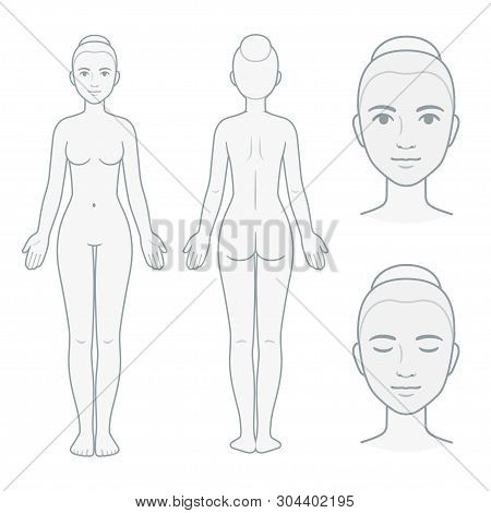 Female Body And Face Chart, Front And Back View With Head Close Up. Blank Woman Body Template For Me