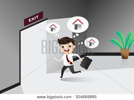 Businessman Running Exit Door Sign He Get Off Work . Businessman Running To Opened Door. Concept Of 